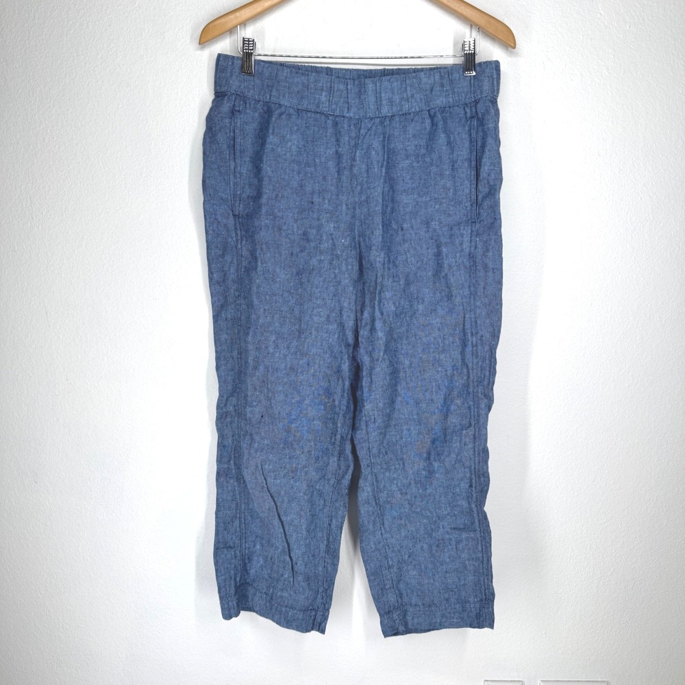 Pure Jill Linen Pants Womens Small Blue Cropped Elastic Waist Pockets Trousers